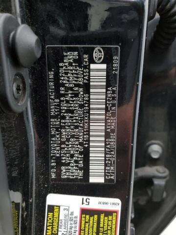 4T1B11HKXKU194786 - 2019 TOYOTA CAMRY L შავი ფოტო 12