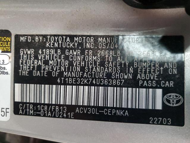 4T1BE32K74U363867 - 2004 TOYOTA CAMRY LE SILVER photo 12