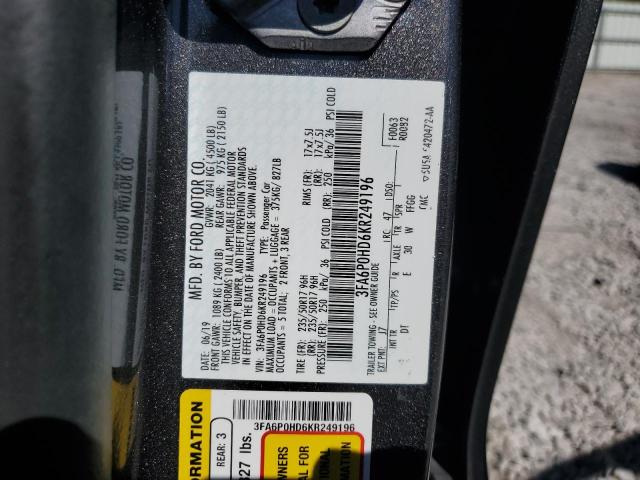 3FA6P0HD6KR249196 - 2019 FORD FUSION SE ნაცრისფერი ფოტო 12