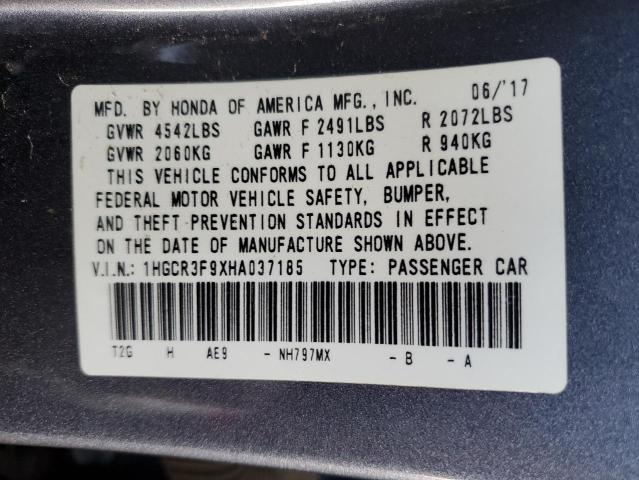 1HGCR3F9XHA037185 - 2017 HONDA ACCORD TOURING GRAY photo 12