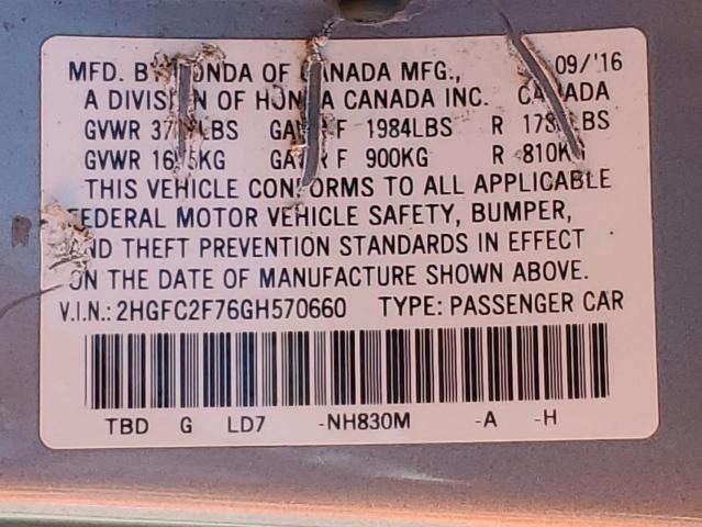 2HGFC2F76GH570660 - 2016 HONDA CIVIC EX SILVER photo 12