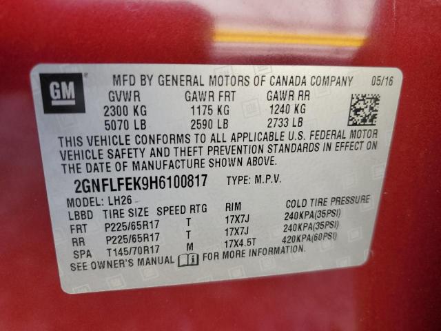 2GNFLFEK9H6100817 - 2017 CHEVROLET EQUINOX LT წითელი ფოტო 13