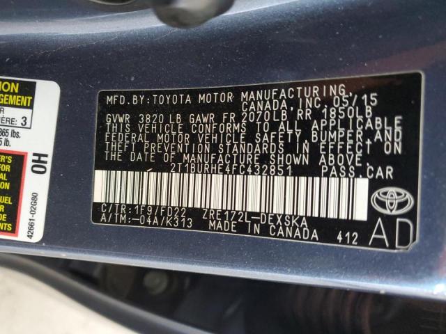 2T1BURHE4FC432851 - 2015 TOYOTA COROLLA L CHARCOAL photo 12