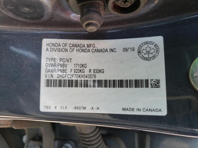 2HGFC2F70KH043576 - 2019 HONDA CIVIC EX Noir photo 13