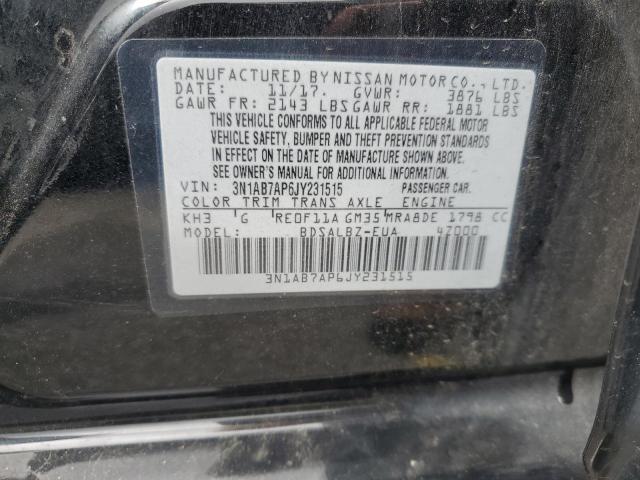 3N1AB7AP6JY231515 - 2018 NISSAN SENTRA S BLACK photo 12