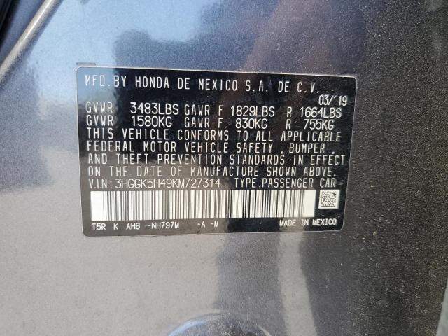 3HGGK5H49KM727314 - 2019 HONDA FIT LX ნაცრისფერი ფოტო 12