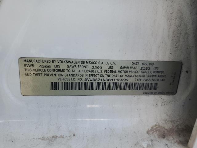 3VWBA71K38M186699 - 2008 VOLKSWAGEN GLI WHITE photo 12