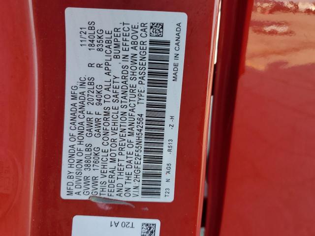 2HGFE2F55NH542564 - 2022 HONDA CIVIC SPORT Kırmızı fotoğraf 12