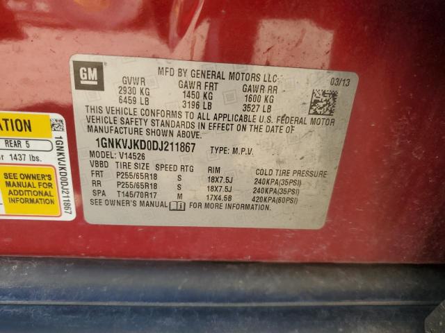 1GNKVJKD0DJ211867 - 2013 CHEVROLET TRAVERSE LT წითელი ფოტო 13