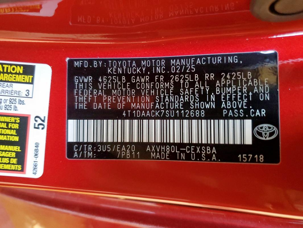 4T1DAACK7SU112688 - 2025 TOYOTA CAMRY XSE MAROON photo 13