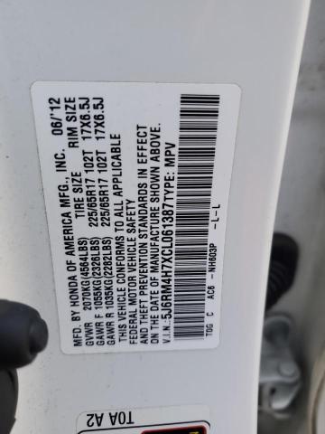 5J6RM4H7XCL061387 - 2012 HONDA CR-V EXL WHITE photo 12