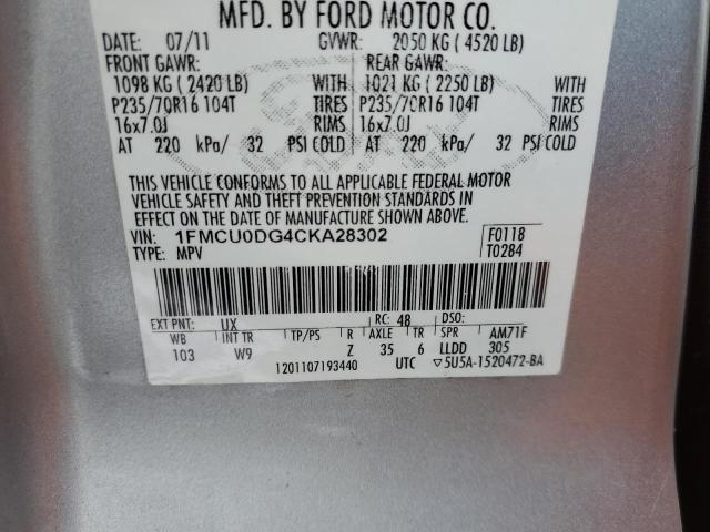 1FMCU0DG4CKA28302 - 2012 FORD ESCAPE XLT SILVER photo 12