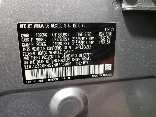 3CZRU6H52NM735009 - 2022 HONDA HR-V EX GRAY photo 14