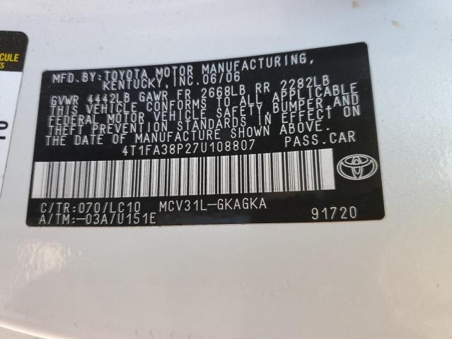 4T1FA38P27U108807 - 2007 TOYOTA CAMRY SOLA SE WHITE photo 13