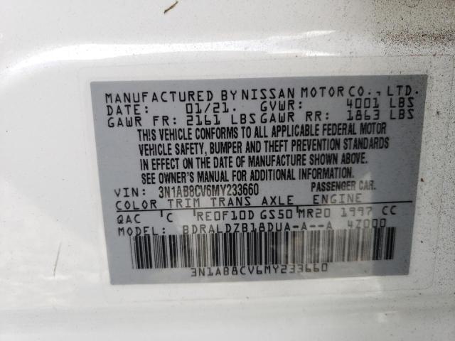 3N1AB8CV6MY233660 - 2021 NISSAN SENTRA SV WHITE photo 12