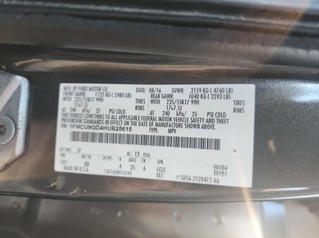 1FMCU9GD4HUB25615 - 2017 FORD ESCAPE SE GRAY photo 10