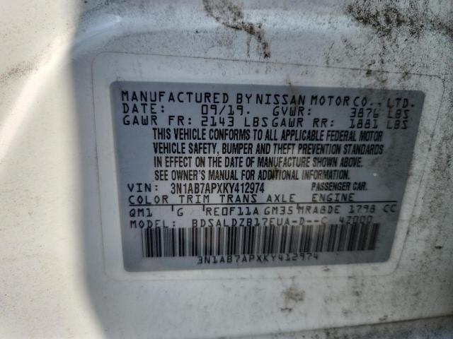 3N1AB7APXKY412974 - 2019 NISSAN SENTRA S WHITE photo 12