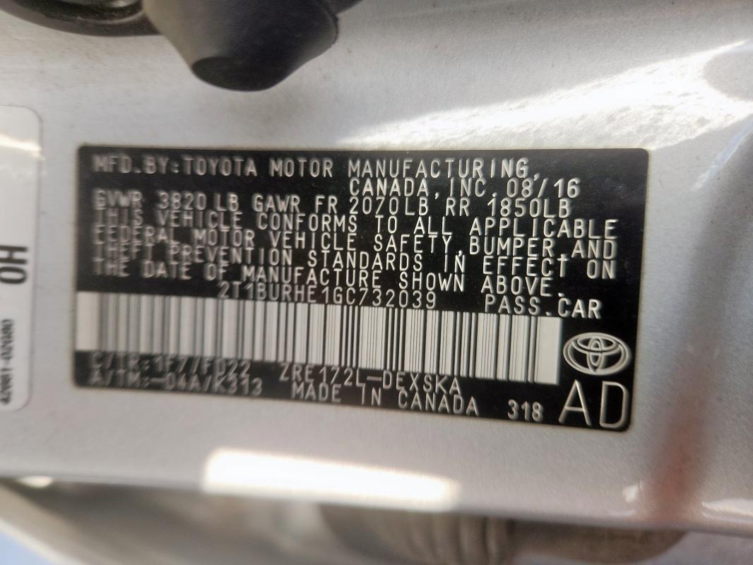 2T1BURHE1GC732039 - 2016 TOYOTA COROLLA L SILVER photo 12