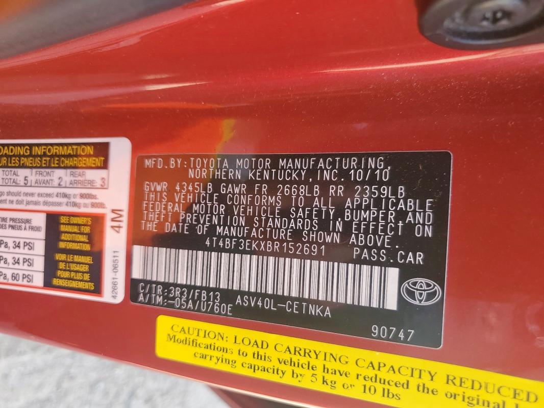 4T4BF3EKXBR152691 - 2011 TOYOTA CAMRY BASE RED photo 12