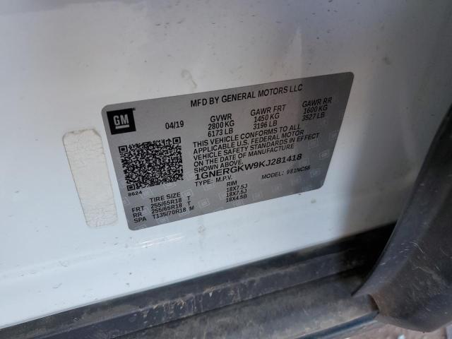 1GNERGKW9KJ281418 - 2019 CHEVROLET TRAVERSE LT Ağ foto 14