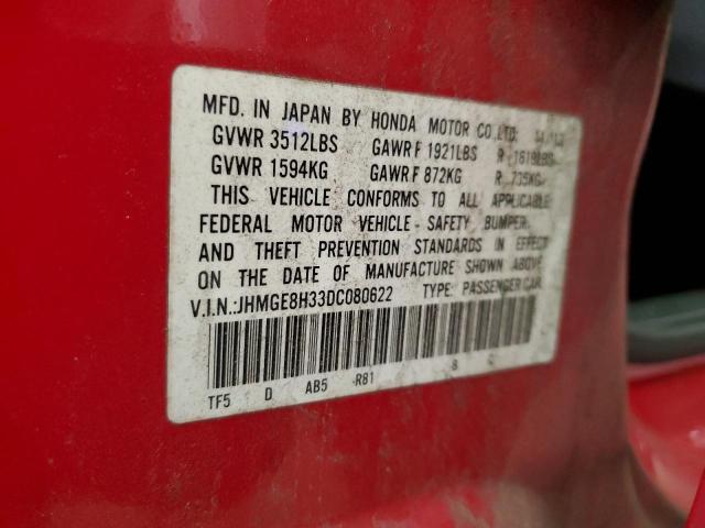 JHMGE8H33DC080622 - 2013 HONDA FIT RED photo 12