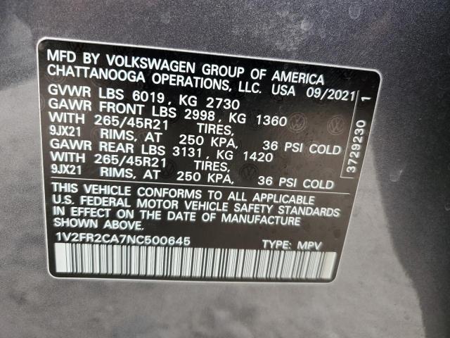 1V2FR2CA7NC500645 - 2022 VOLKSWAGEN ATLAS SEL PREMIUM R-LINE GRAY photo 13