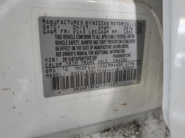 3N1AB7AP6KY345189 - 2019 NISSAN SENTRA S WHITE photo 12