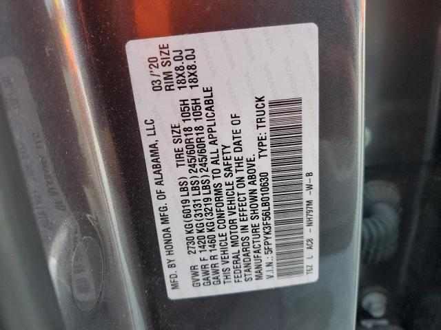 5FPYK3F56LB010630 - 2020 HONDA RIDGELINE RTL GRAY photo 12