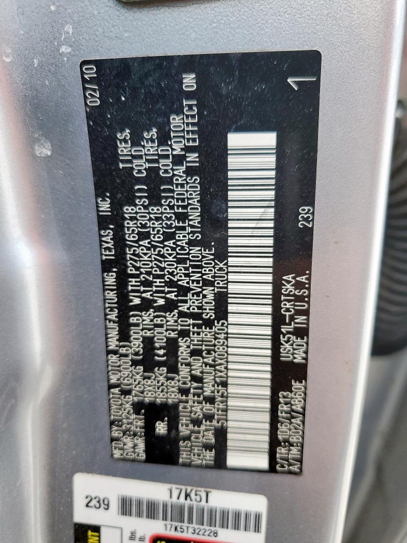 5TFRY5F1XAX089405 - 2010 TOYOTA TUNDRA DOUBLE CAB SR5 SILVER photo 12