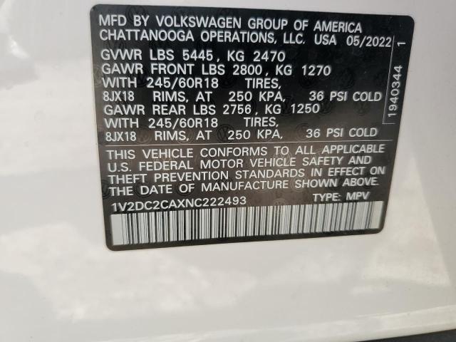 1V2DC2CAXNC222493 - 2022 VOLKSWAGEN ATLAS CROS SE 白色 照片 14