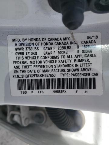 2HGFC2F64KH557650 - 2019 HONDA CIVIC LX 白色 照片 12