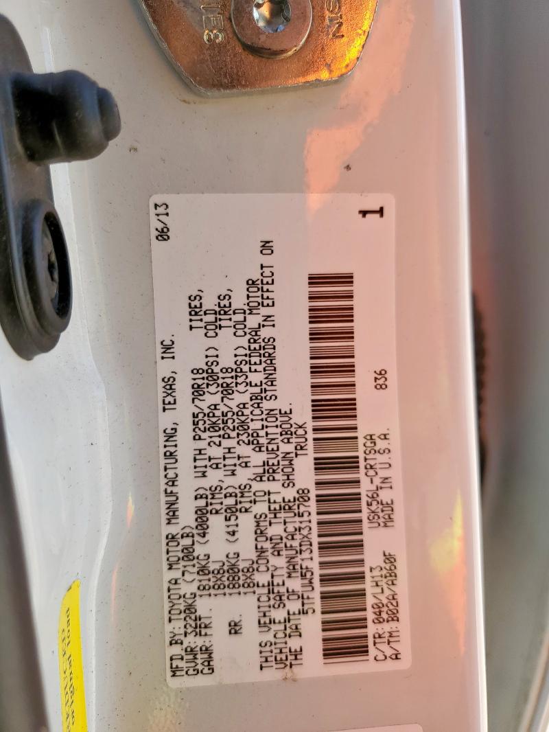 5TFUW5F13DX315708 - 2013 TOYOTA TUNDRA DOUBLE CAB SR5 WHITE photo 12