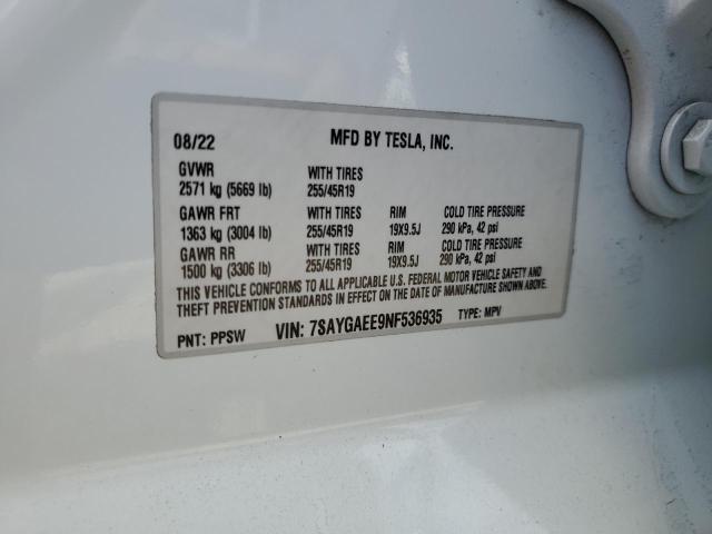 7SAYGAEE9NF536935 - 2022 TESLA MODEL Y Білий фото 12