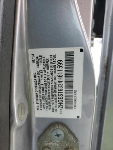 2HGES16334H611599 - 2004 HONDA CIVIC DX VP SILVER photo 13