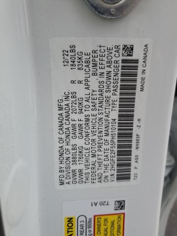 2HGFE2F55PH510104 - 2023 HONDA CIVIC SPORT Սպիտակ լուսանկար 12