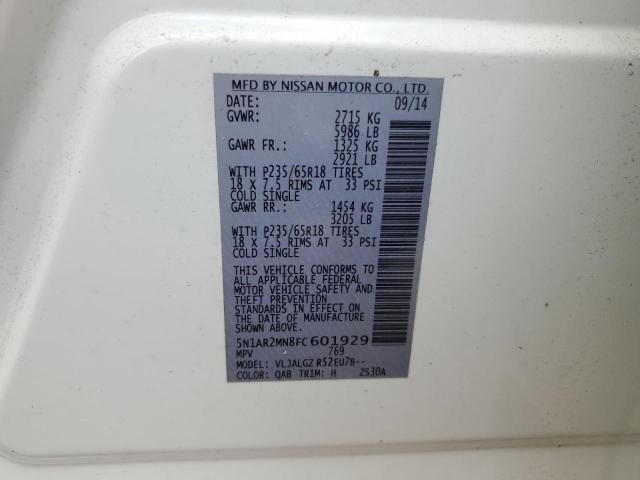5N1AR2MN8FC601929 - 2015 NISSAN PATHFINDER S თეთრი ფოტო 14