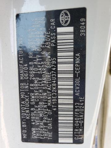 4T1BE32K84U374795 - 2004 TOYOTA CAMRY LE WHITE photo 12