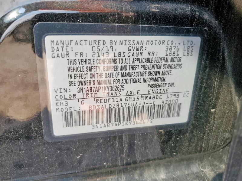 3N1AB7AP1KY362675 - 2019 NISSAN SENTRA S შავი ფოტო 13