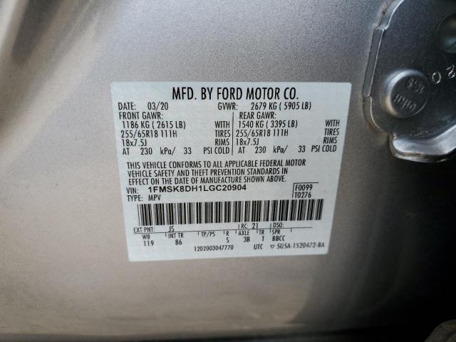 1FMSK8DH1LGC20904 - 2020 FORD EXPLORER XLT SILVER photo 13