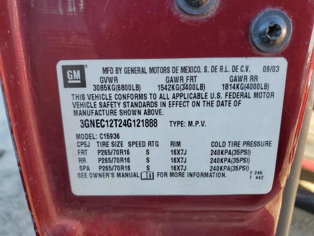 3GNEC12T24G121888 - 2004 CHEVROLET AVALANCHE C1500 RED photo 12