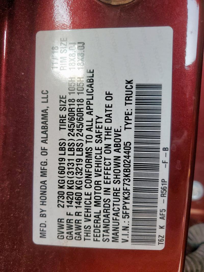 5FPYK3F73KB024405 - 2019 HONDA RIDGELINE RTL Bordo fotoğraf 12