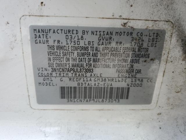 3N1CN7AP9JL873093 - 2018 NISSAN VERSA S WHITE photo 12