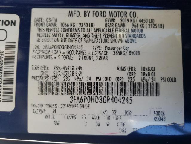 3FA6P0HD3GR404245 - 2016 FORD FUSION SE BLUE photo 12