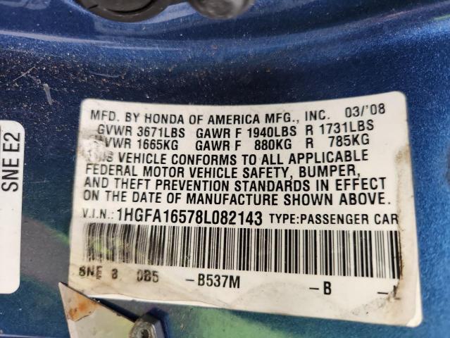 1HGFA16578L082143 - 2008 HONDA CIVIC LX BLUE photo 12