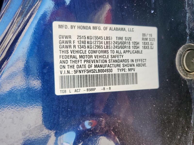 5FNYF5H52LB004930 - 2020 HONDA PILOT EXL BLUE photo 14