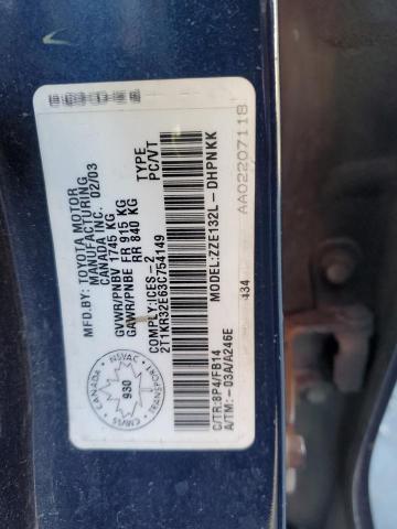 2T1KR32E63C754149 - 2003 TOYOTA COROLLA MA XR BLUE photo 12