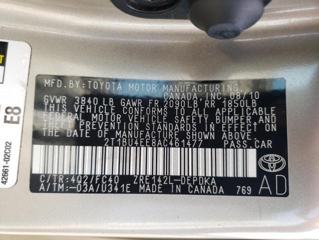 2T1BU4EE8AC461477 - 2010 TOYOTA COROLLA BASE Beżowy zdjęcie 12