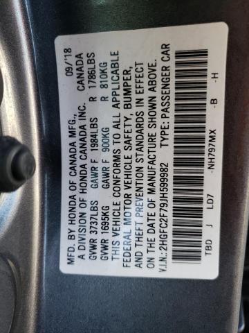 2HGFC2F79JH599982 - 2018 HONDA CIVIC EX GRAY photo 13