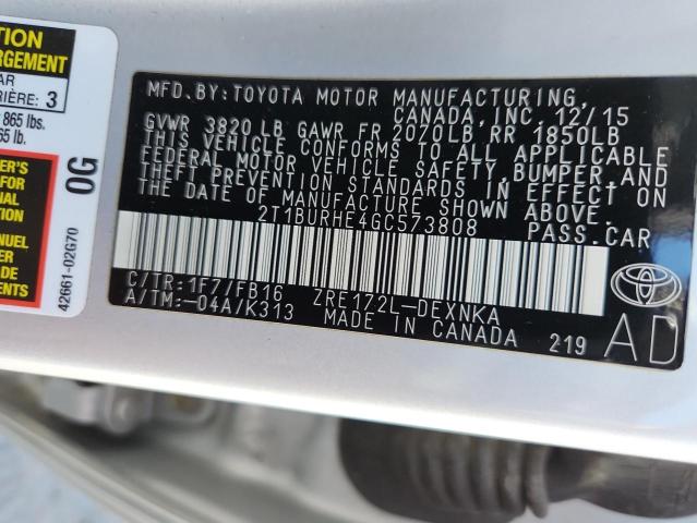 2T1BURHE4GC573808 - 2016 TOYOTA COROLLA L GRAY photo 12