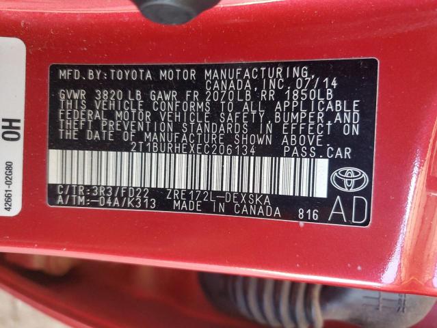 2T1BURHEXEC206134 - 2014 TOYOTA COROLLA L RED photo 12